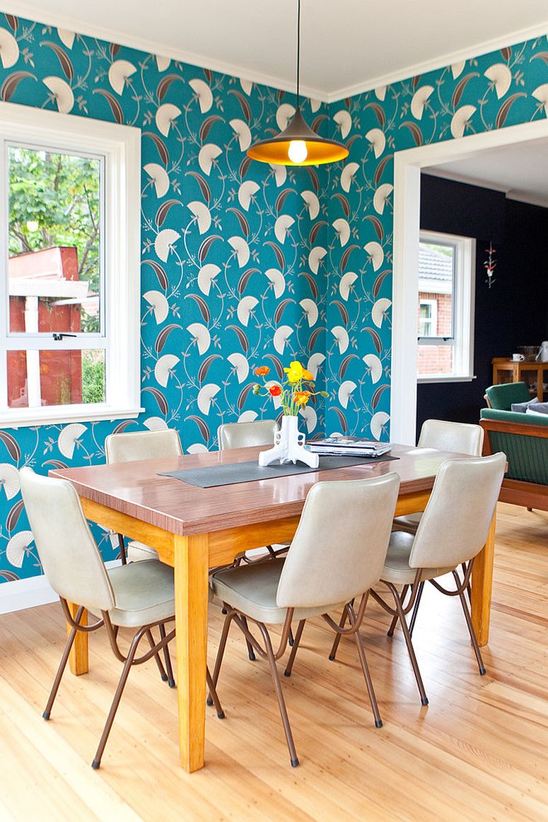 It is the wallpaper that brings retro vibe to this modern dining space [Design: In Haus Design / Photography: Jeff McEwan of Capture Studios]