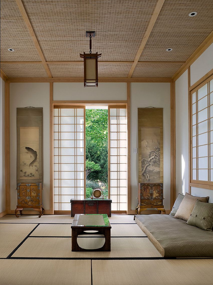 Contemporary Minimalist Meditation Room with High Ceilings and Beige  Palette