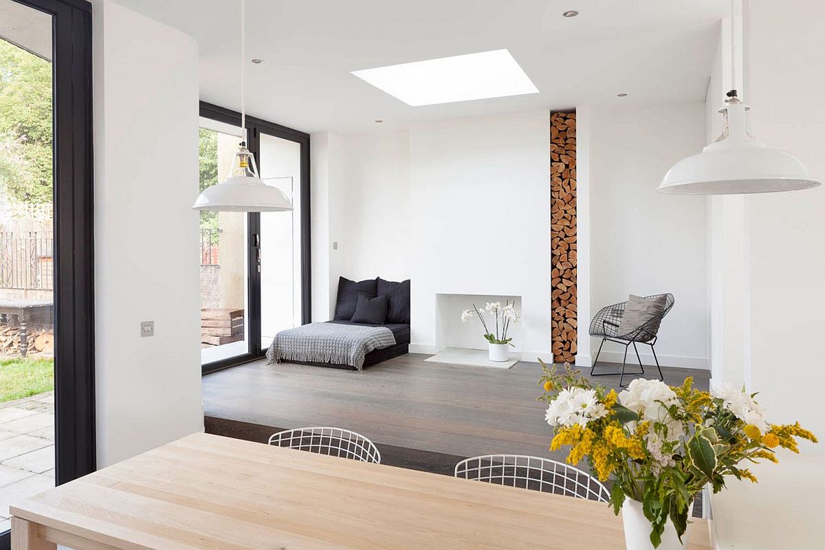 Japanese design inspired home workspace and relaxation zone next to the kitchen