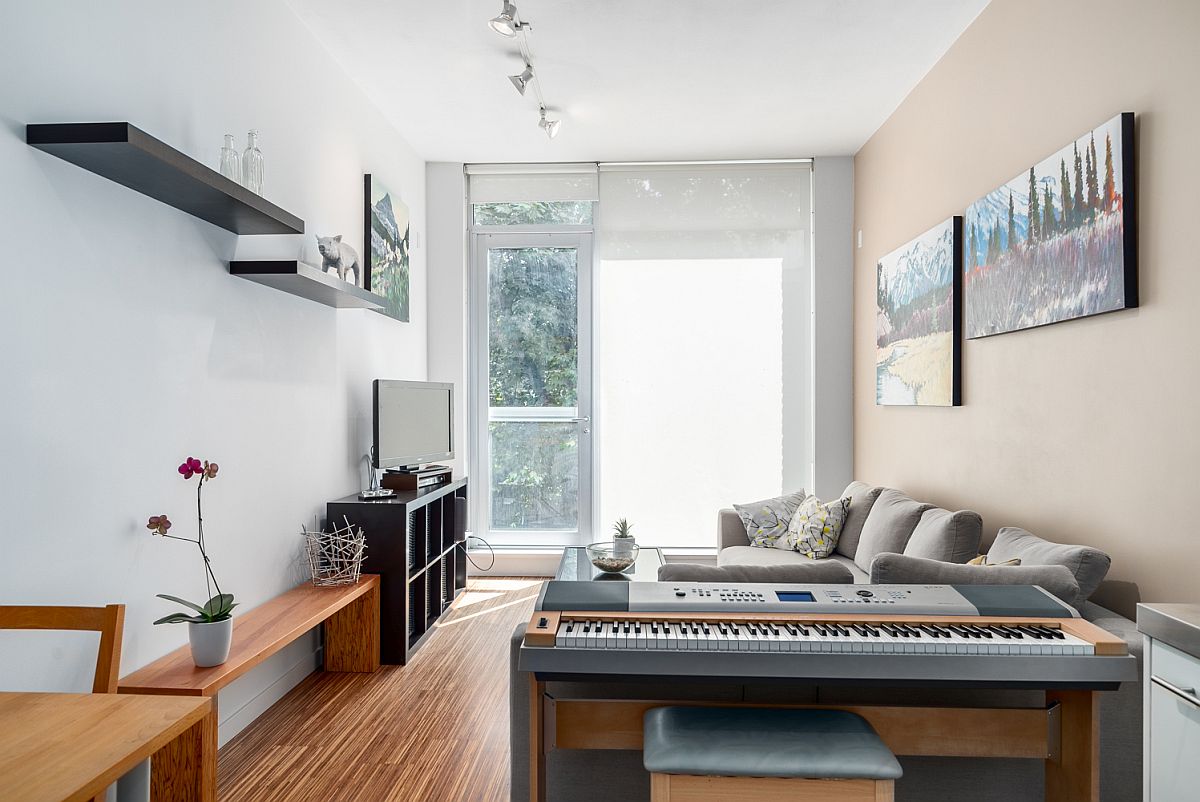 Keyboard tucked in beautifully behind the living room couch