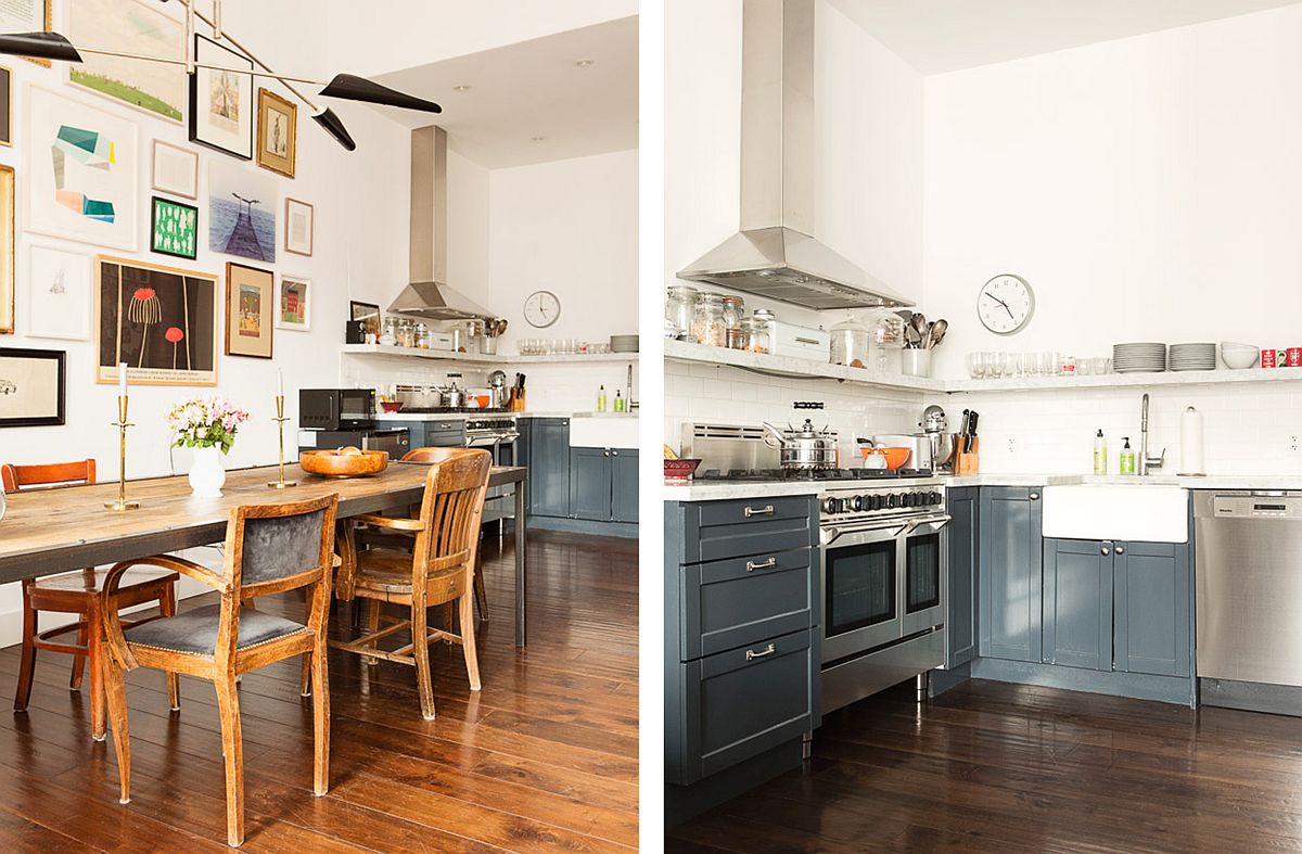 L-shaped kitchen in the corner with grayish-blue cabinets with the dining space in the forefront