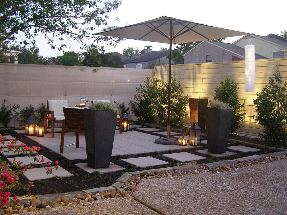 Lantern style lighting brings an air of dreaminess to the contemporary landscape