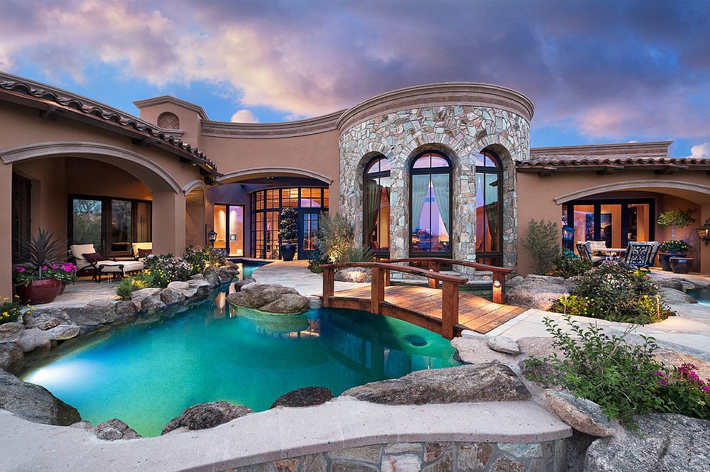 Lighting adds to the elegance of the mesmerizing pool landscape