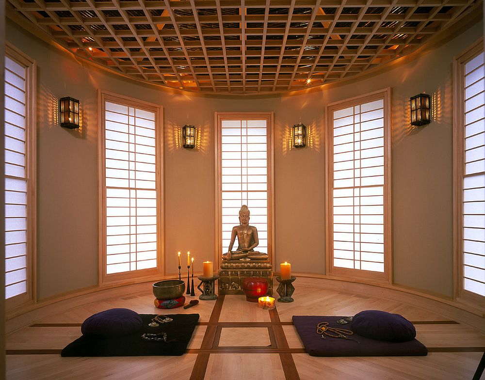 Lighting, design of the ceiling and the windows create a wonderful ambiance inside this Meditation room