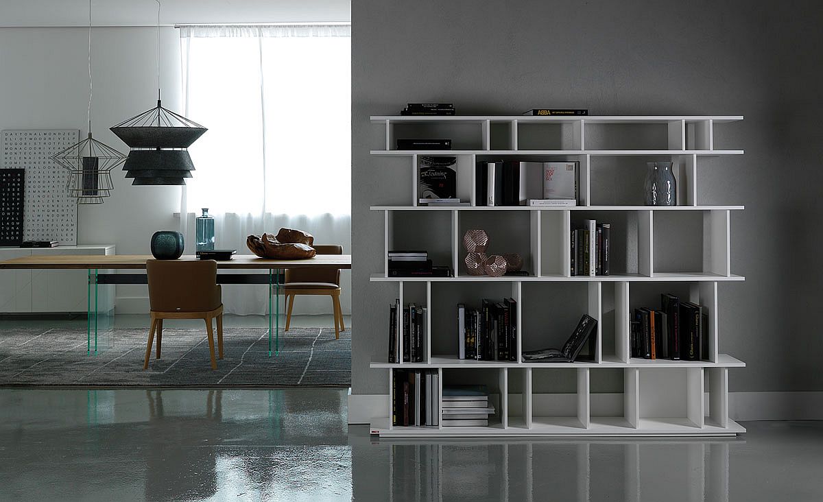 Loft bookshelf in white lacquered embossed MDF