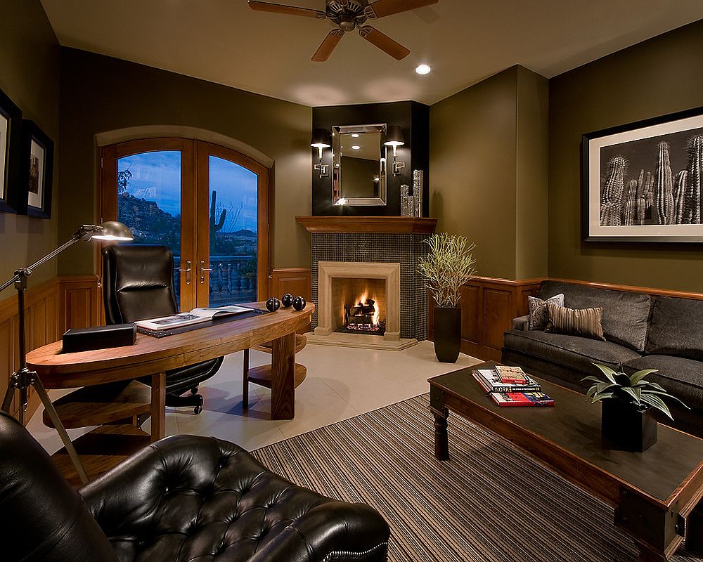 Mirror above the fireplace adds a hint of glam to the home office [Design: Ownby Design]