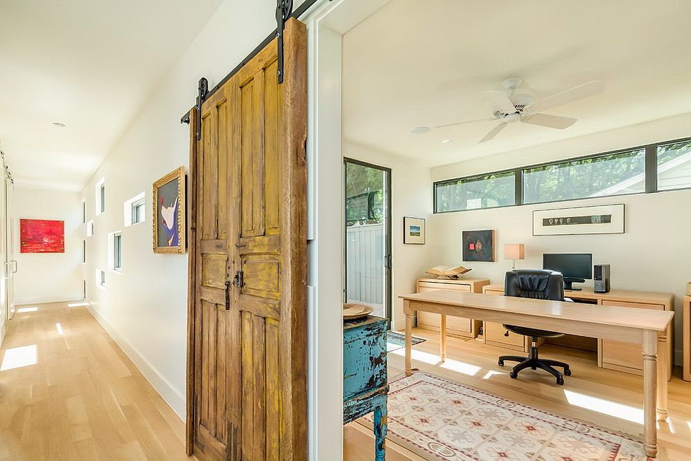 Modern aesthetics combined with farmhouse touches inside this smart home office