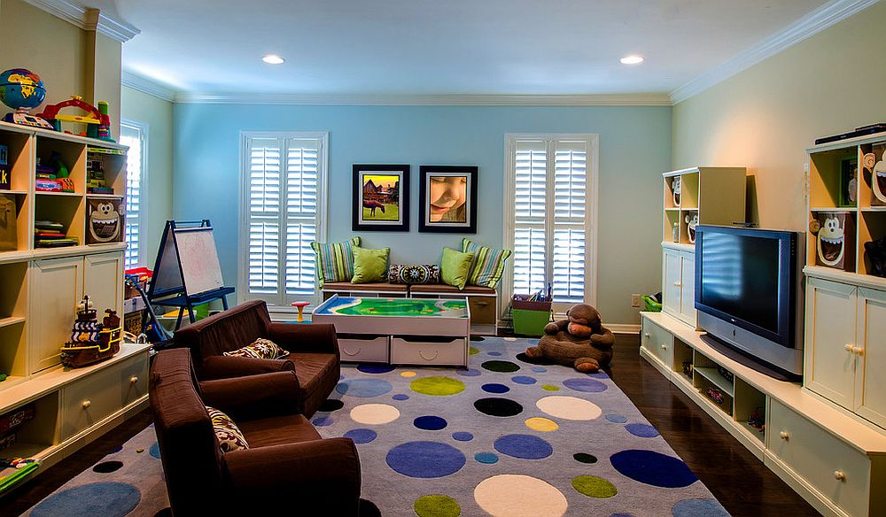 Modern kids' playroom with a rug in purple [Design: Sunset Properties of Tampa Bay]