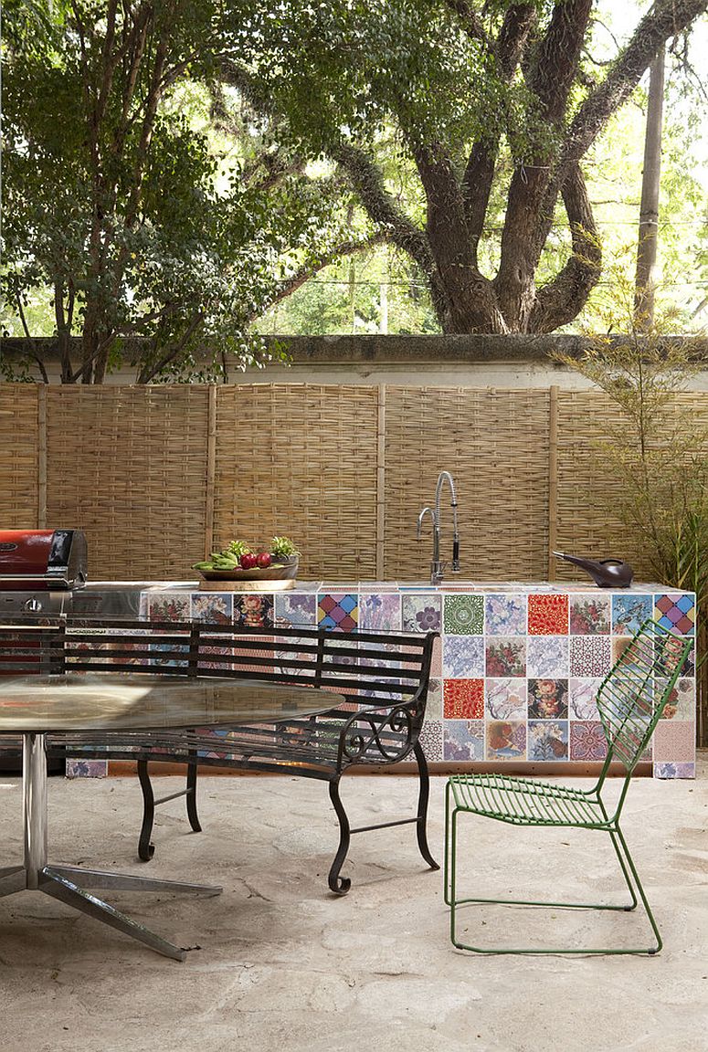 Modern patio with a colorful display of a patchwork of tiles