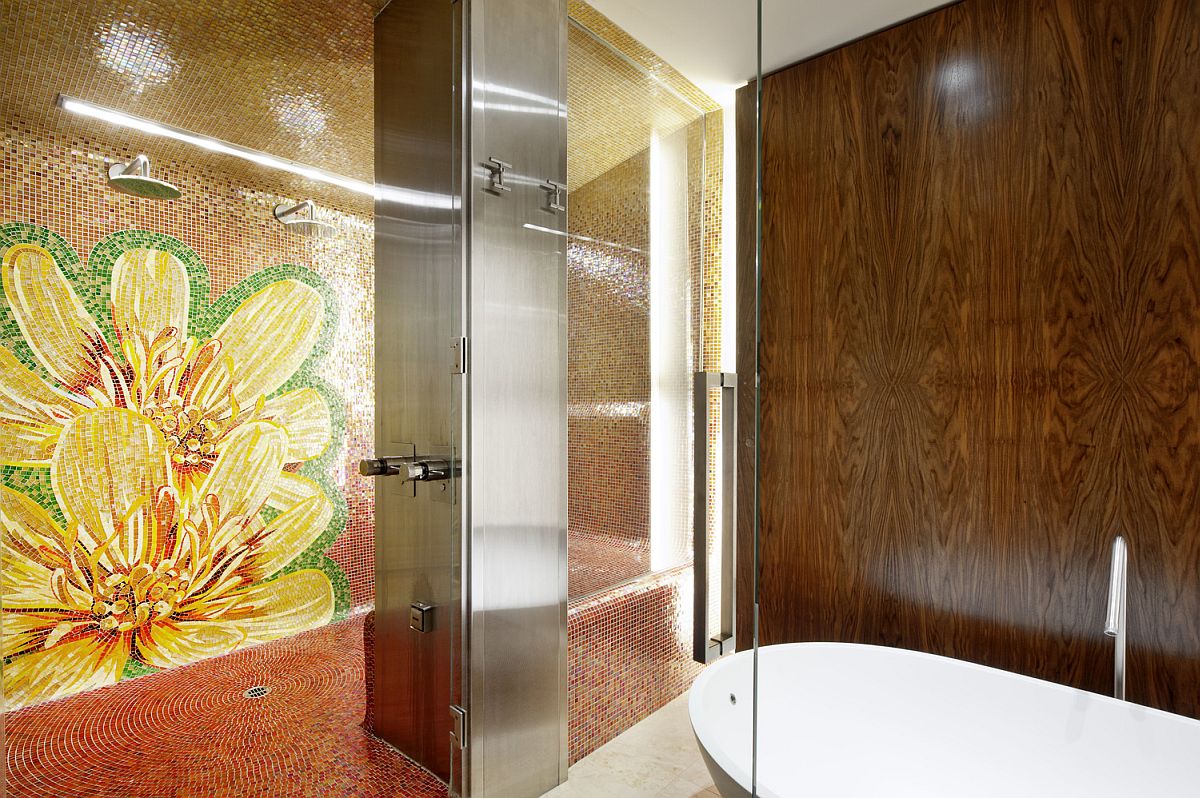 Mosaic installation on the shower wall makes a big visual statement