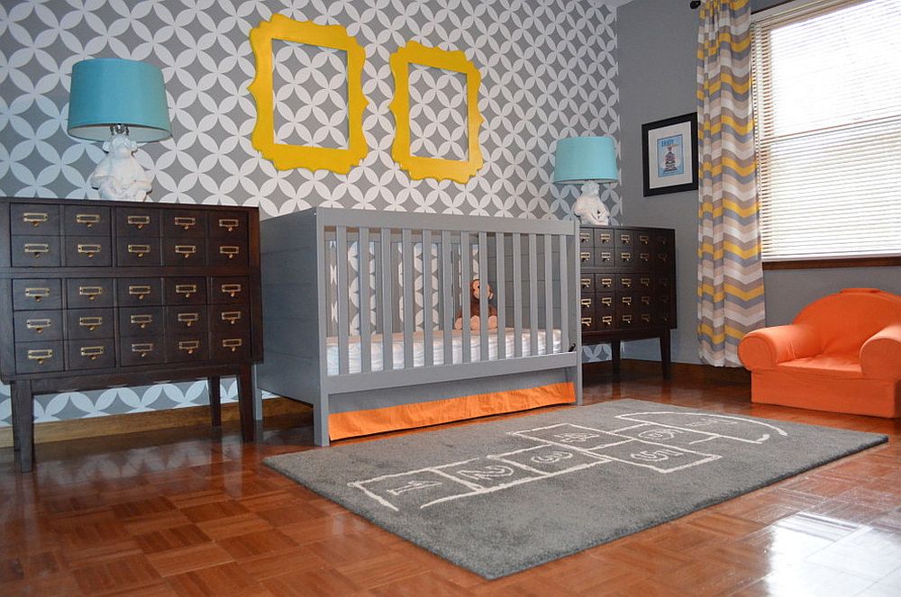 Nagoya Allover Stencil fashions the striking backdrop in this nursery [Design: Janna Makaeva/Cutting Edge Stencils]