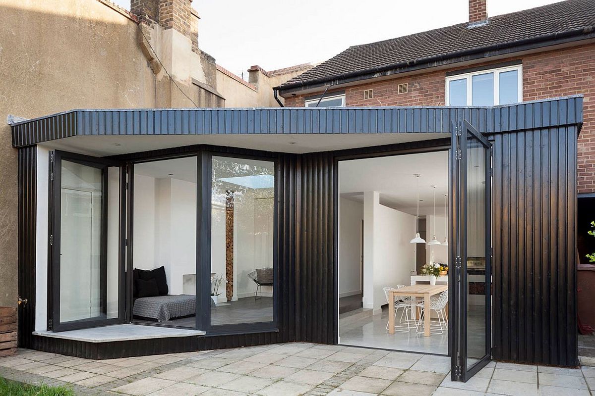 New kitchen and home office-sitting space of the extension with green roof