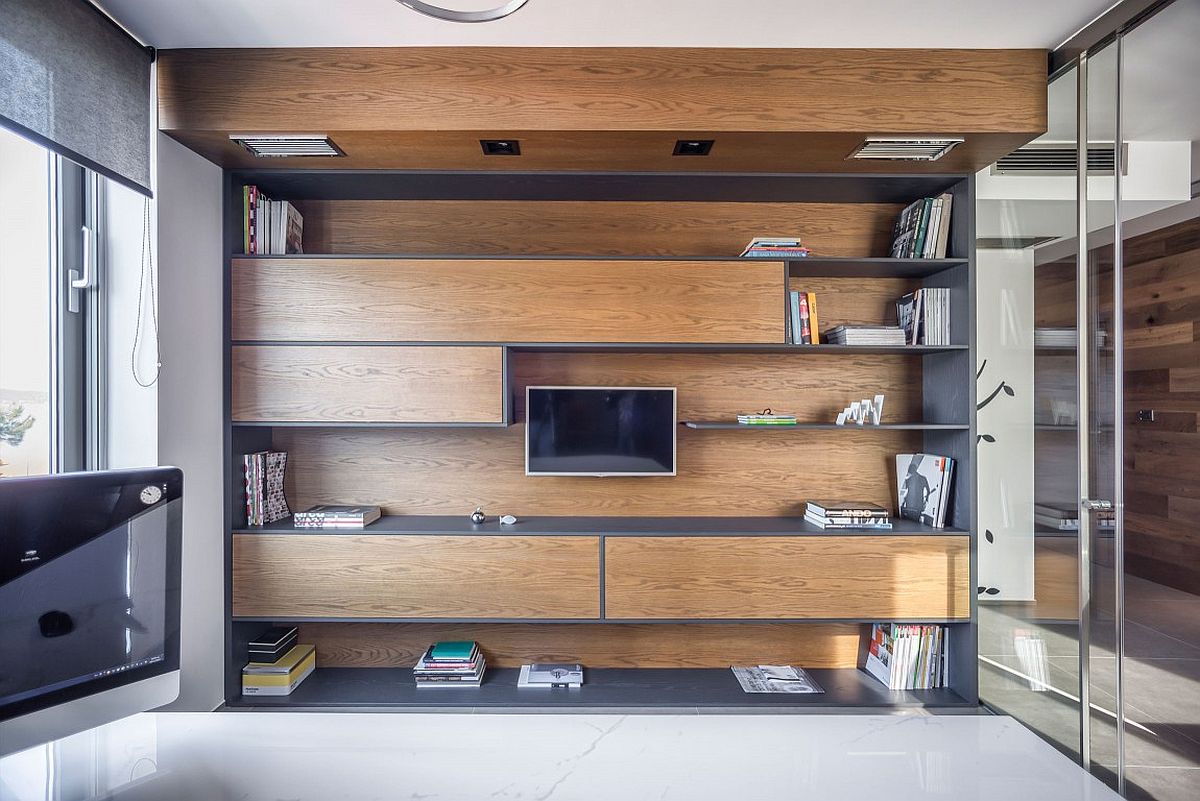 Office storage and shelf space with floating wooden cabinets