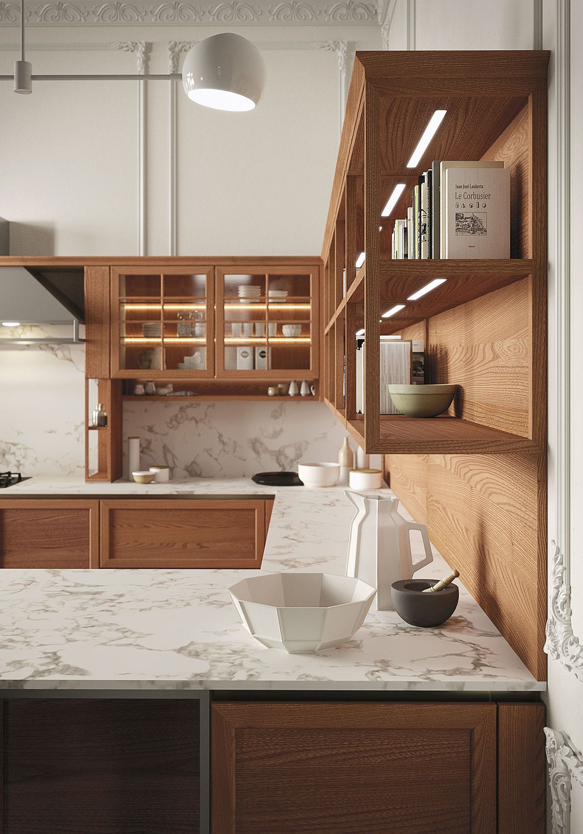 Open top units of the kitchen in wood along with marble countertops