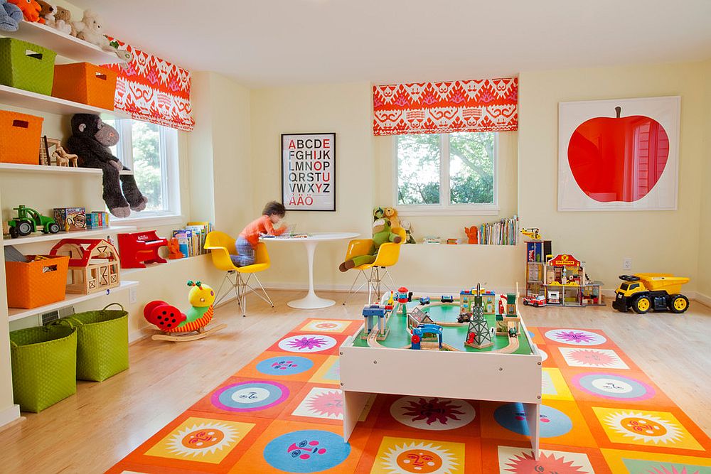 Orange rug brings cheerfulness and spunk to the playroom