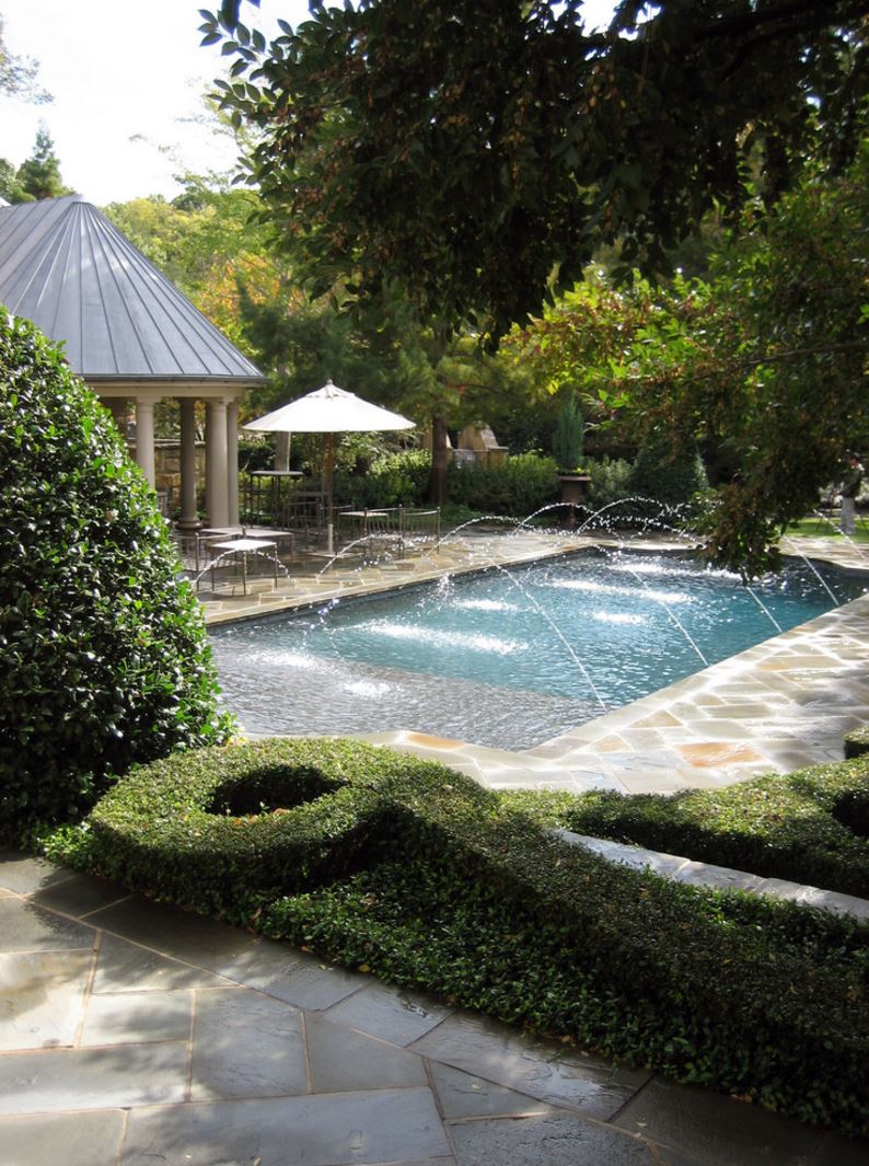 Outdoor pool and fountain