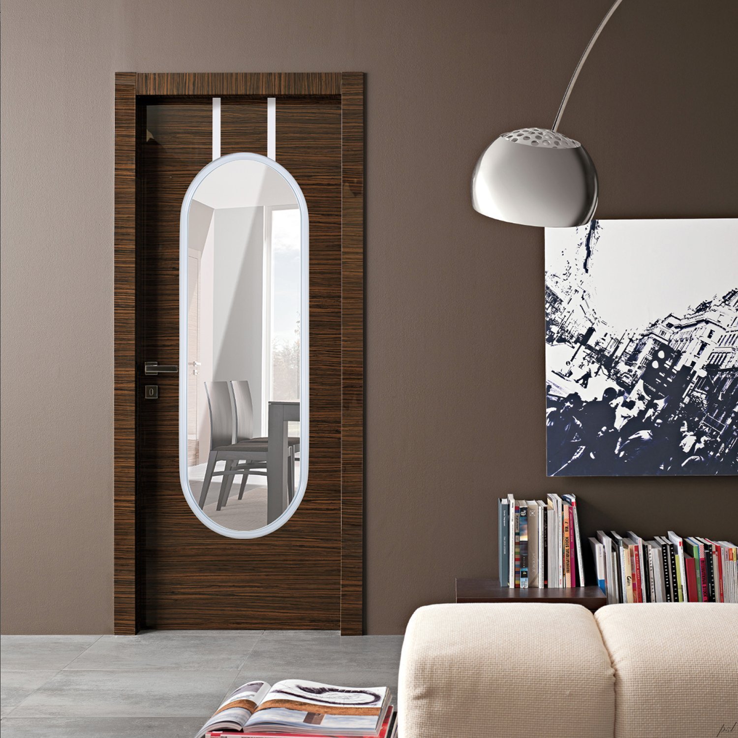 Over-the-door mirror with rounded edges