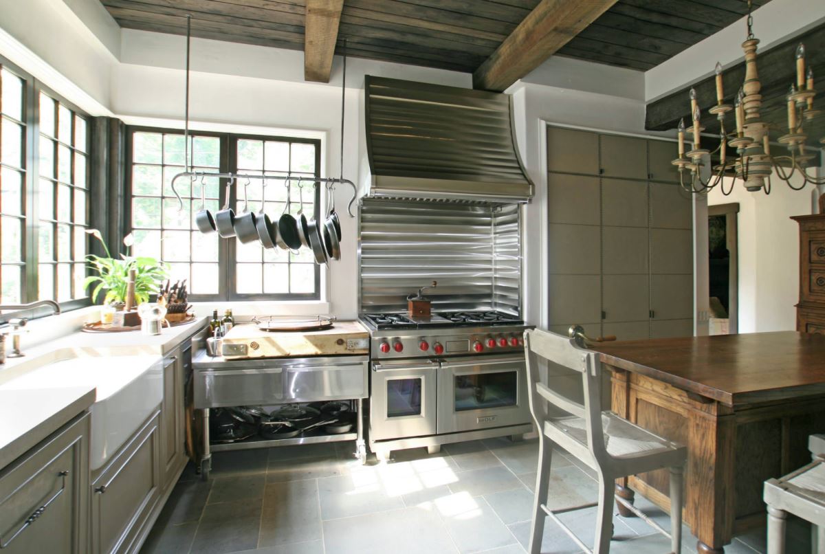 Overhead pot rack for a kitchen workspace