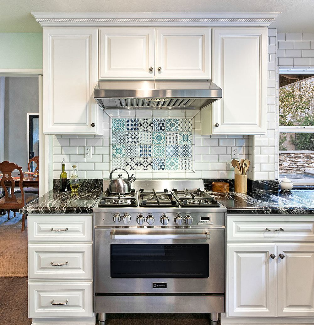 Patchwork of tiles for the creative kitchen backsplash [From: Micah Dimitriadis Photography]