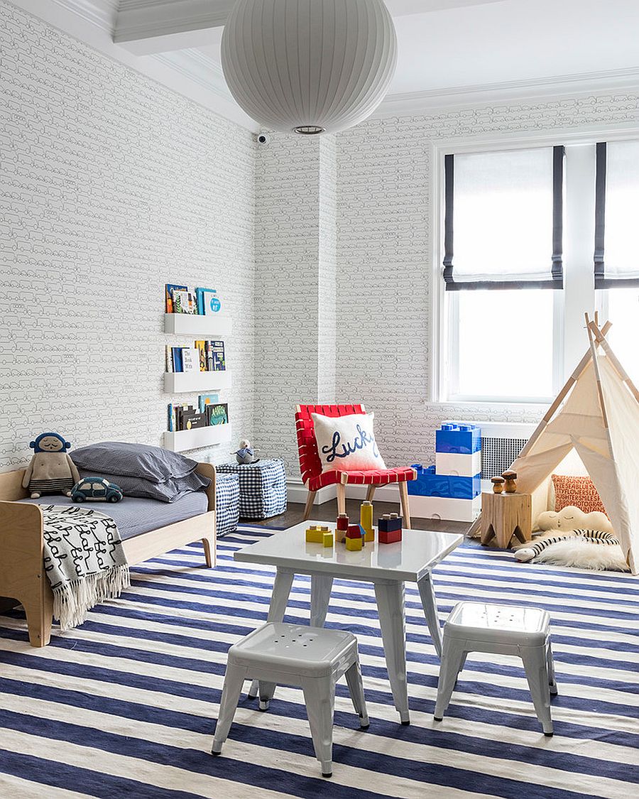 Refined contemporary kids' room in blue and white