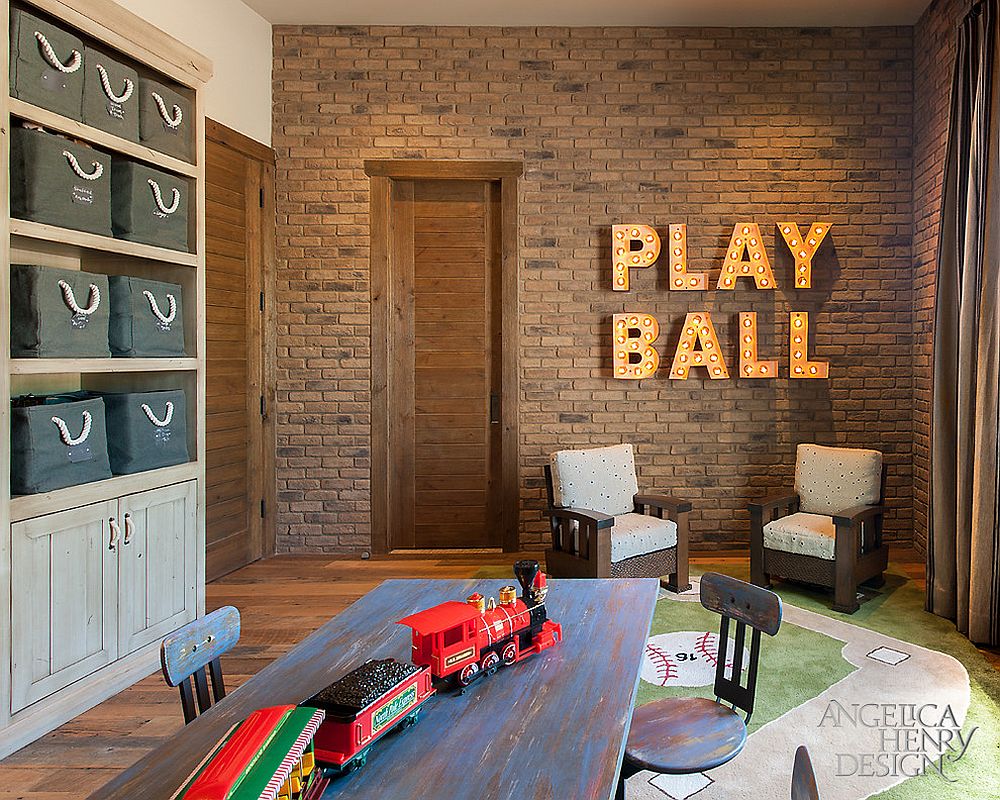 Rustic kids' playroom with bold design and brick wall