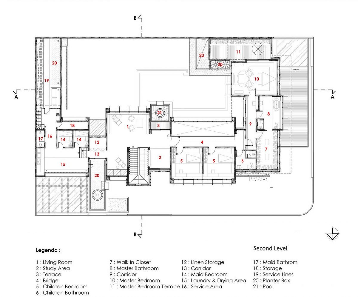 Second level floor plan of the modern Javanese home