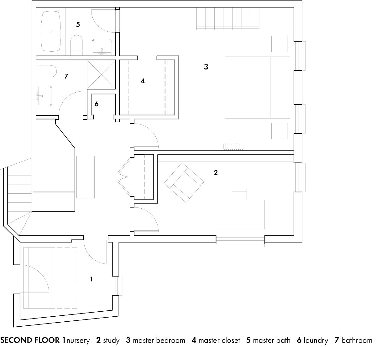 Second level floor plan with nursery and master bedroom