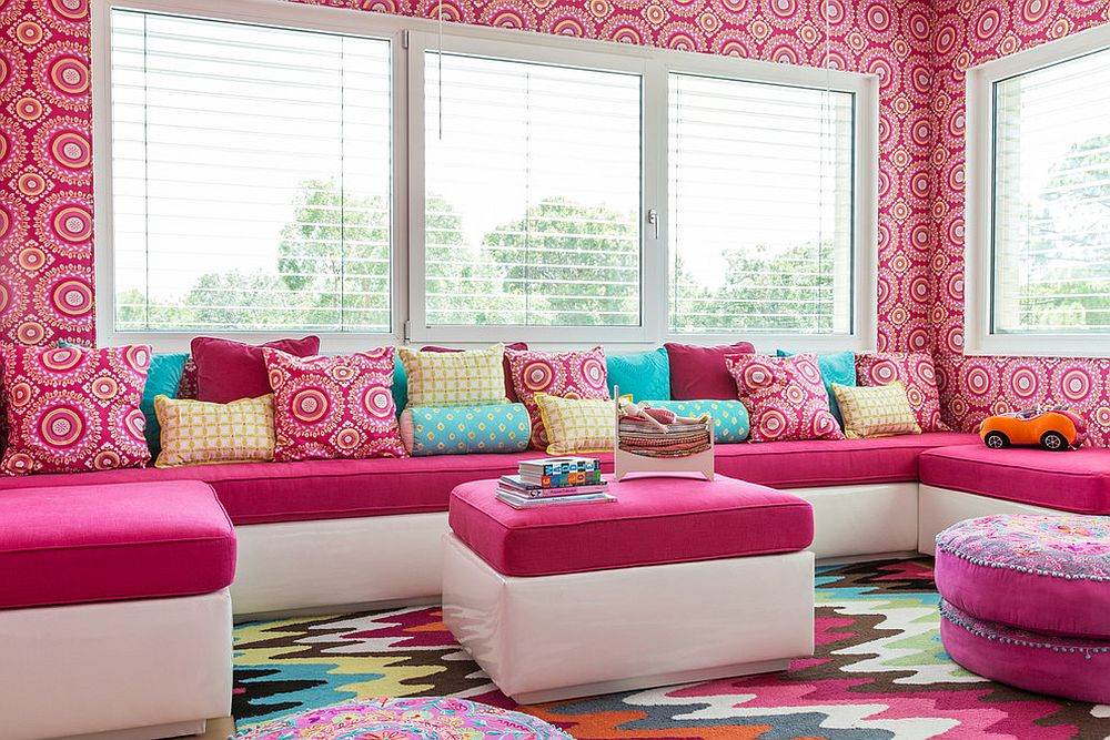 Snazzy multi-colored rug looks great even in neutral kids' rooms