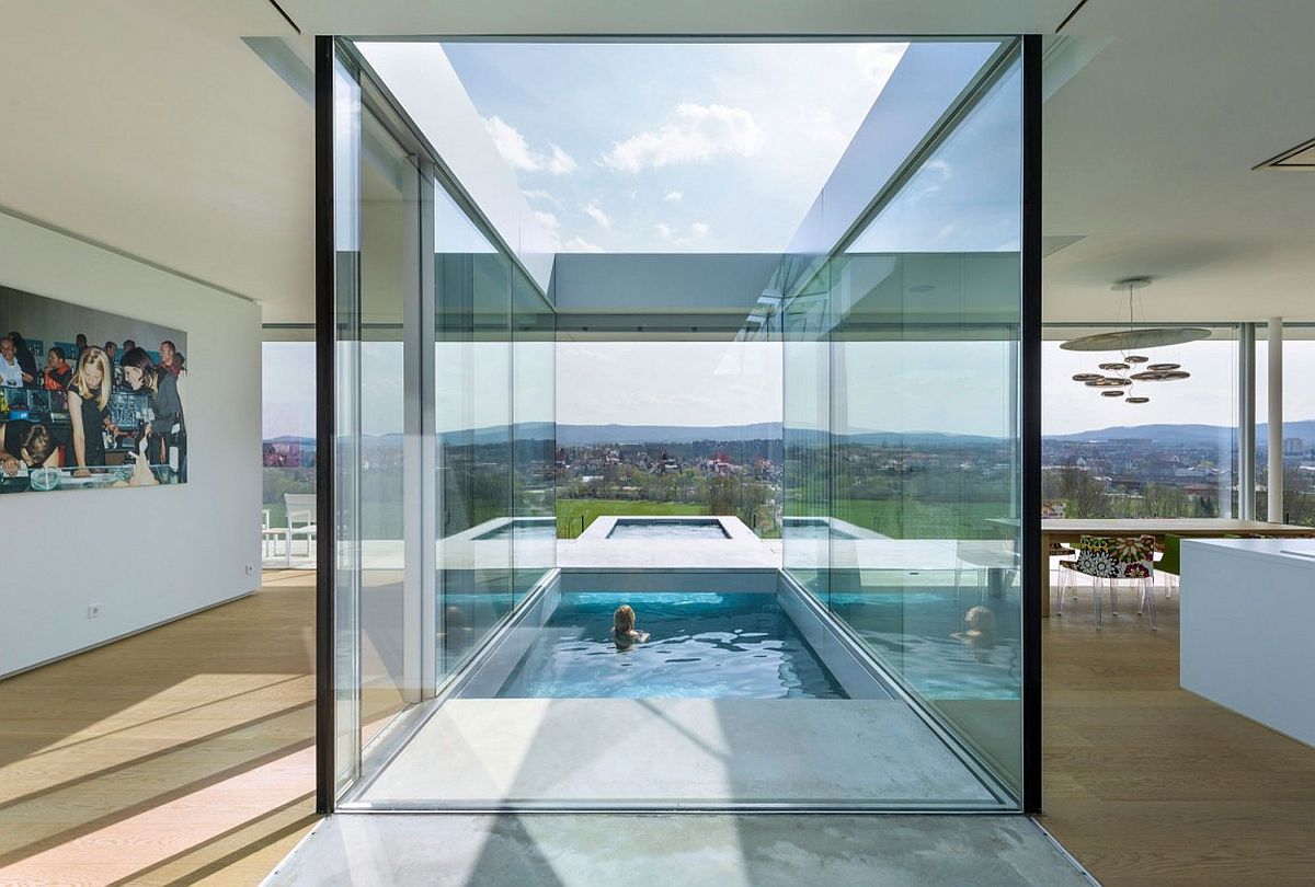 Swimming pool ventures into the interior of the home