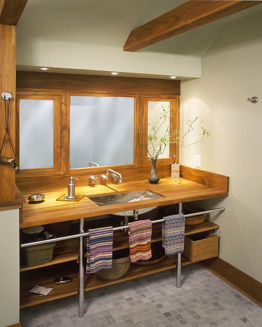 Teakwood open bathroom vanity is a space-saver [Design: TreHus Architects+Interior Designers+Builders]