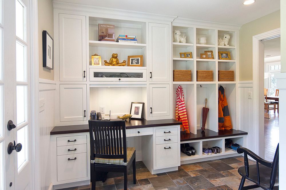 Traditional mud room with built in shelves is a perfect space for the small home office