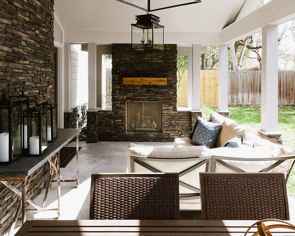 Traditional patio with large lantern lighting [Design: Jason Knebel/ Photography: Jonathan Calvert]