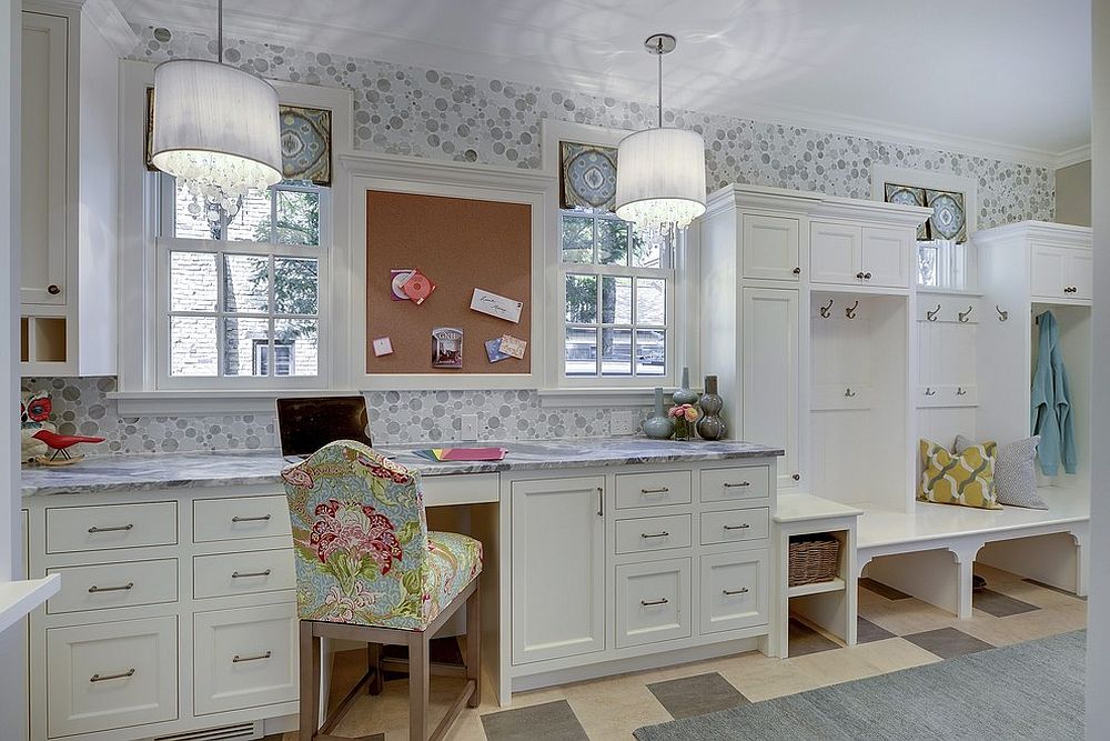 Transitional style mudroom with a lovely home workspace