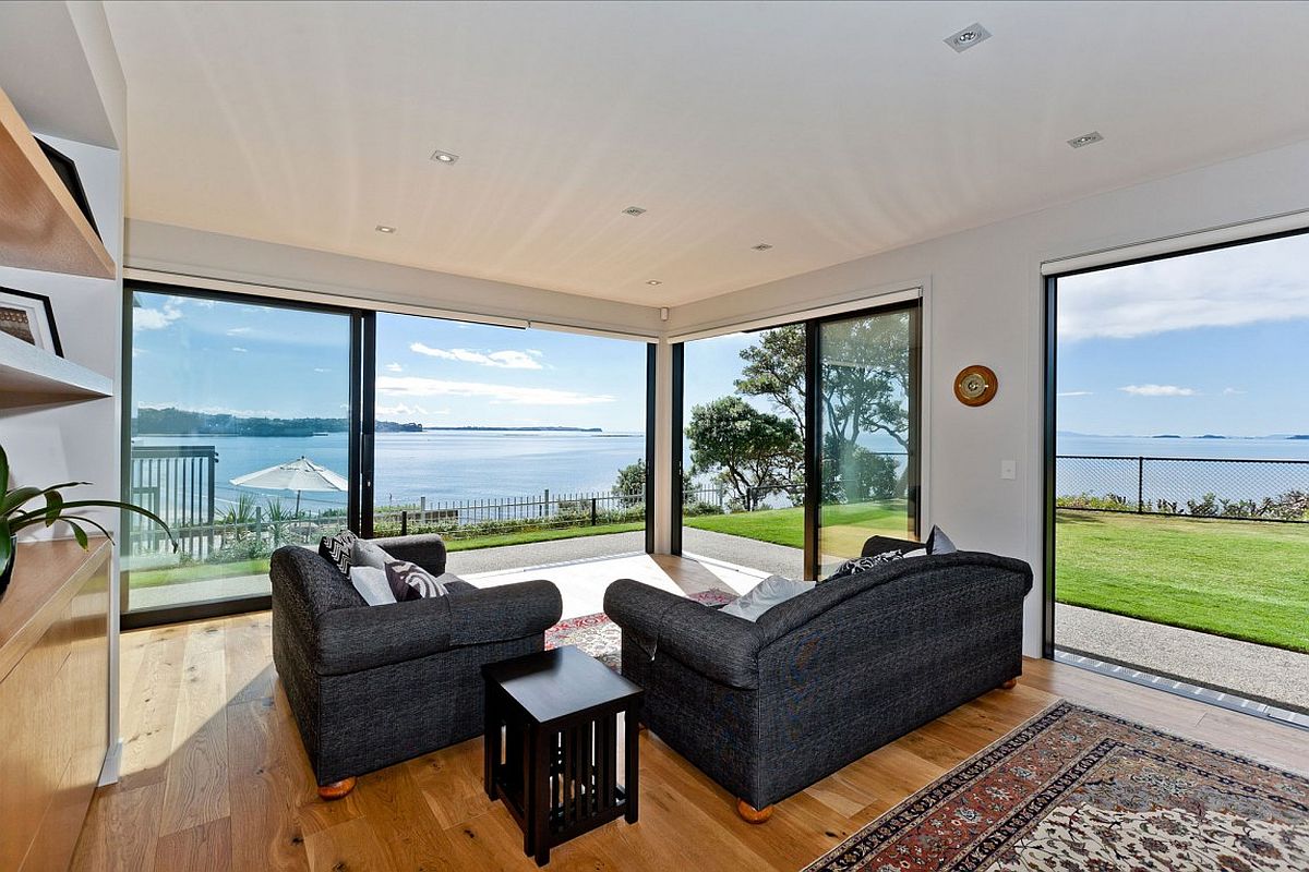 Unabated sea views from the living area of the stylish Auckland home