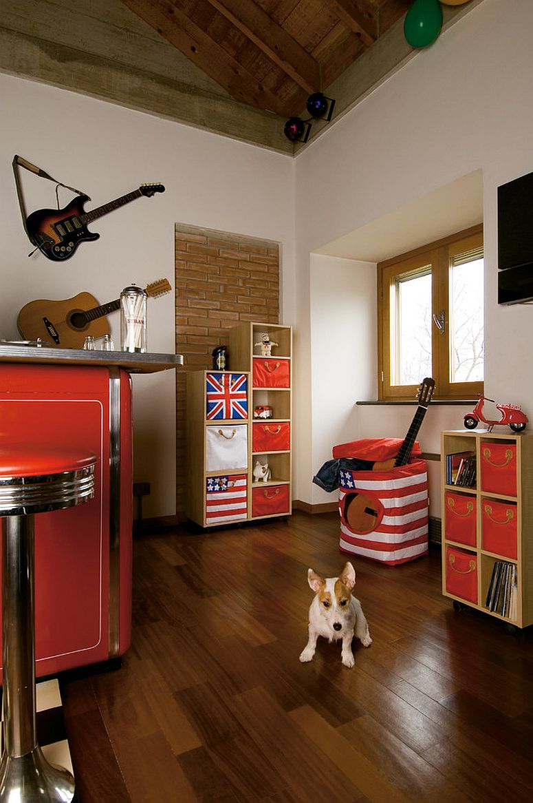 Understated exposed brick wall feature in the contemporary kids' space