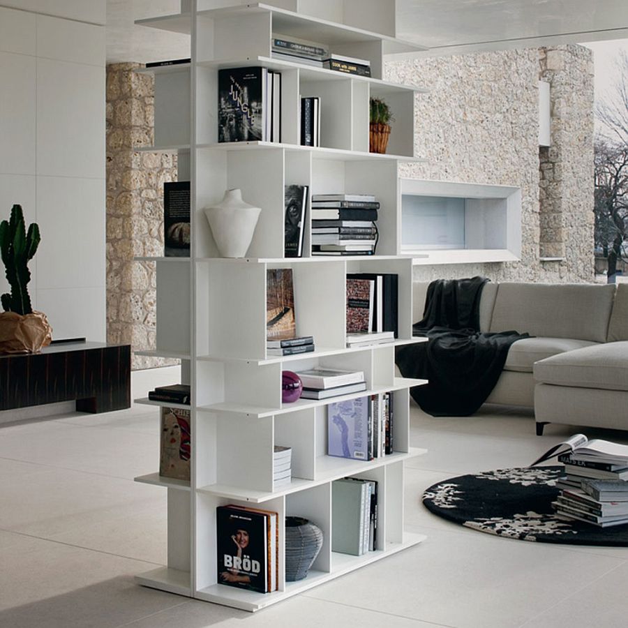 Use smart bookshelf units to delineate space in open plan living