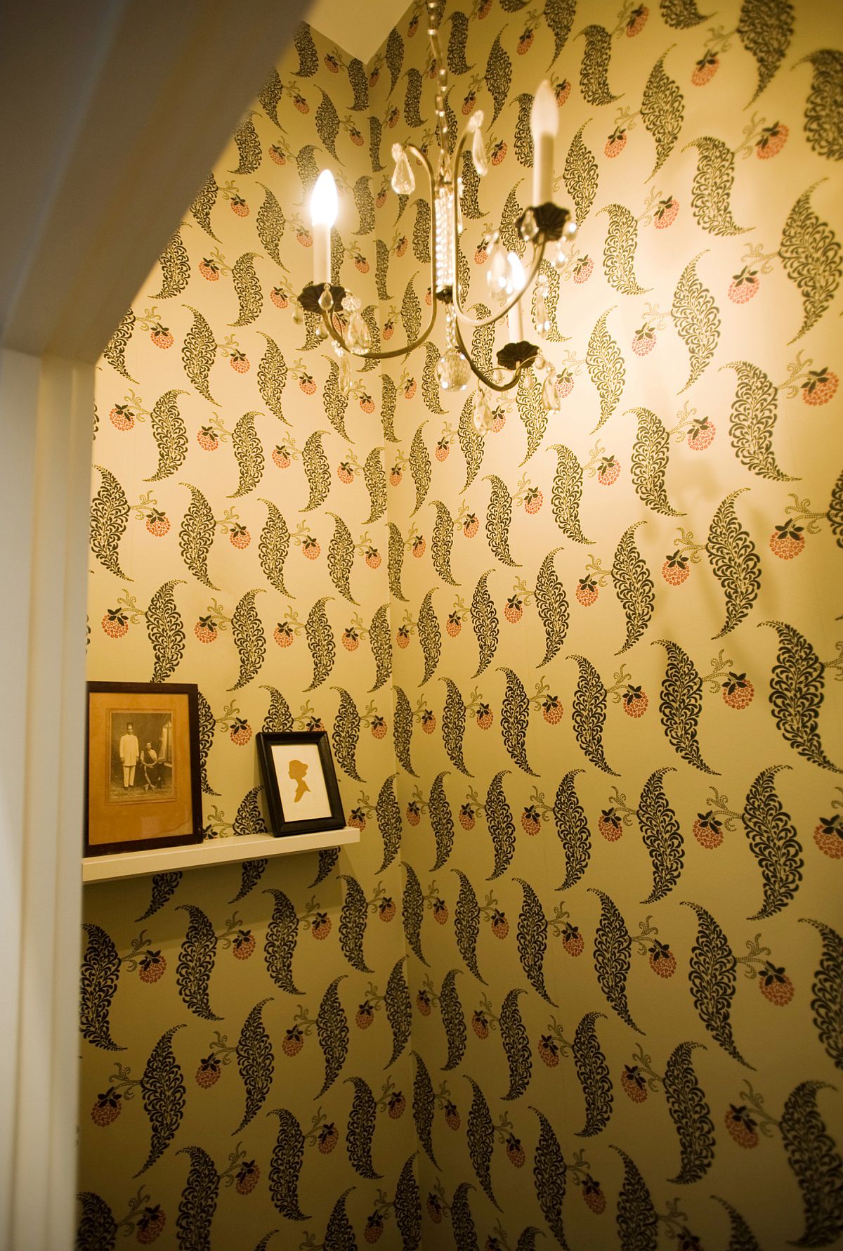 Vintage wallpaper and lighting idea for the powder room