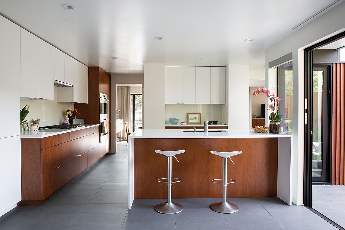 White and mahogany palette of the remodeled Eichler home in California