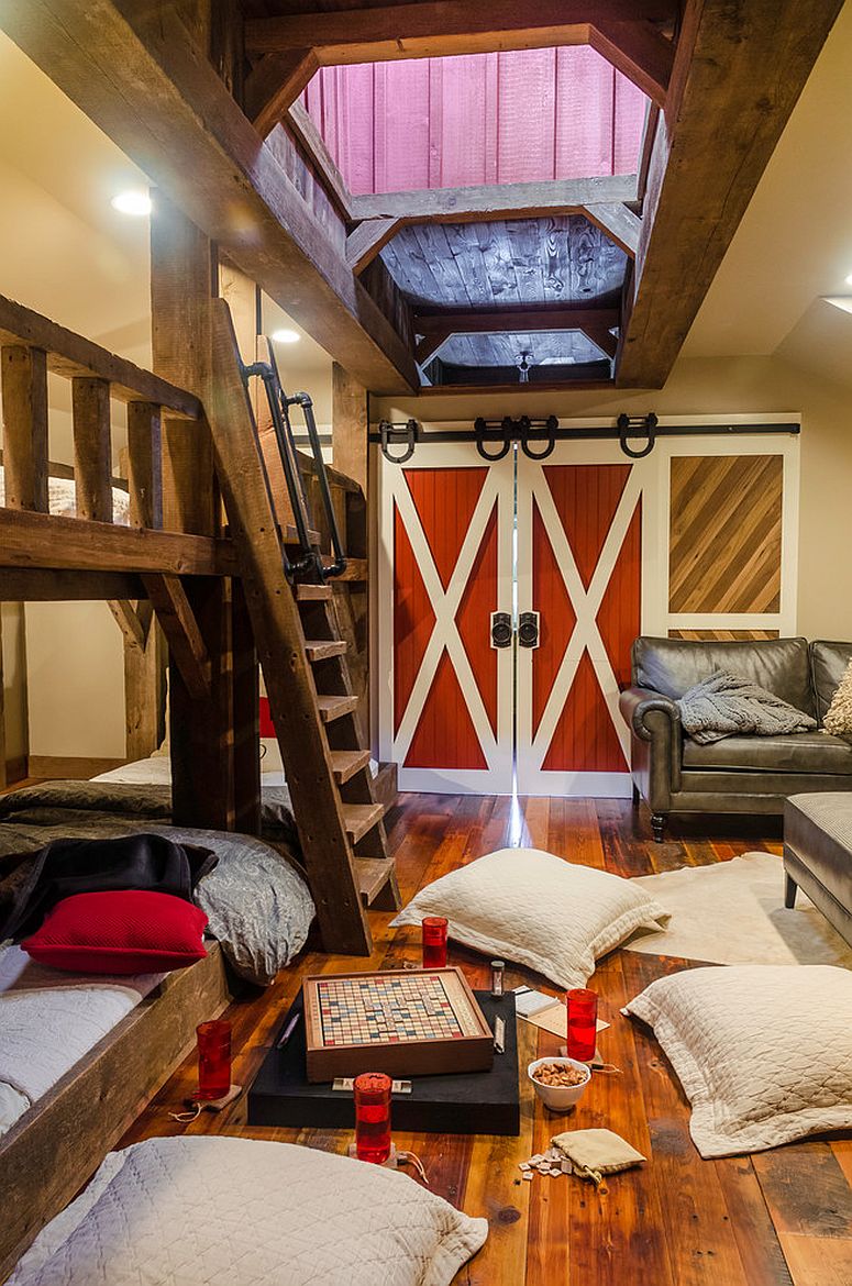 6 bunk beds and maple space create a fabulous kids' space with sliding barn doors