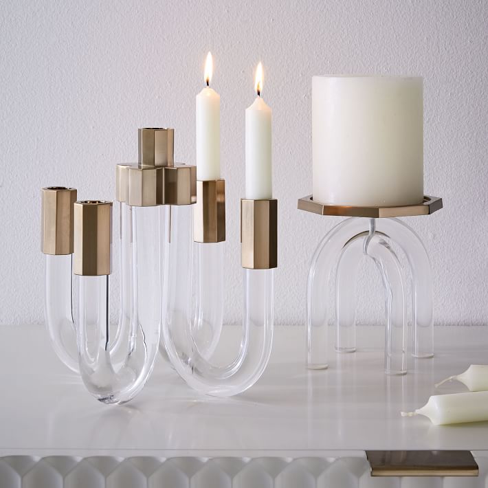 Acrylic and brass candleholders from West Elm