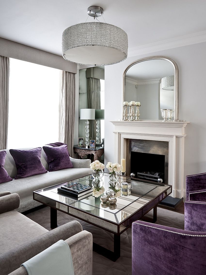 Art Deco living room with splashes of purple and mirrored coffee table