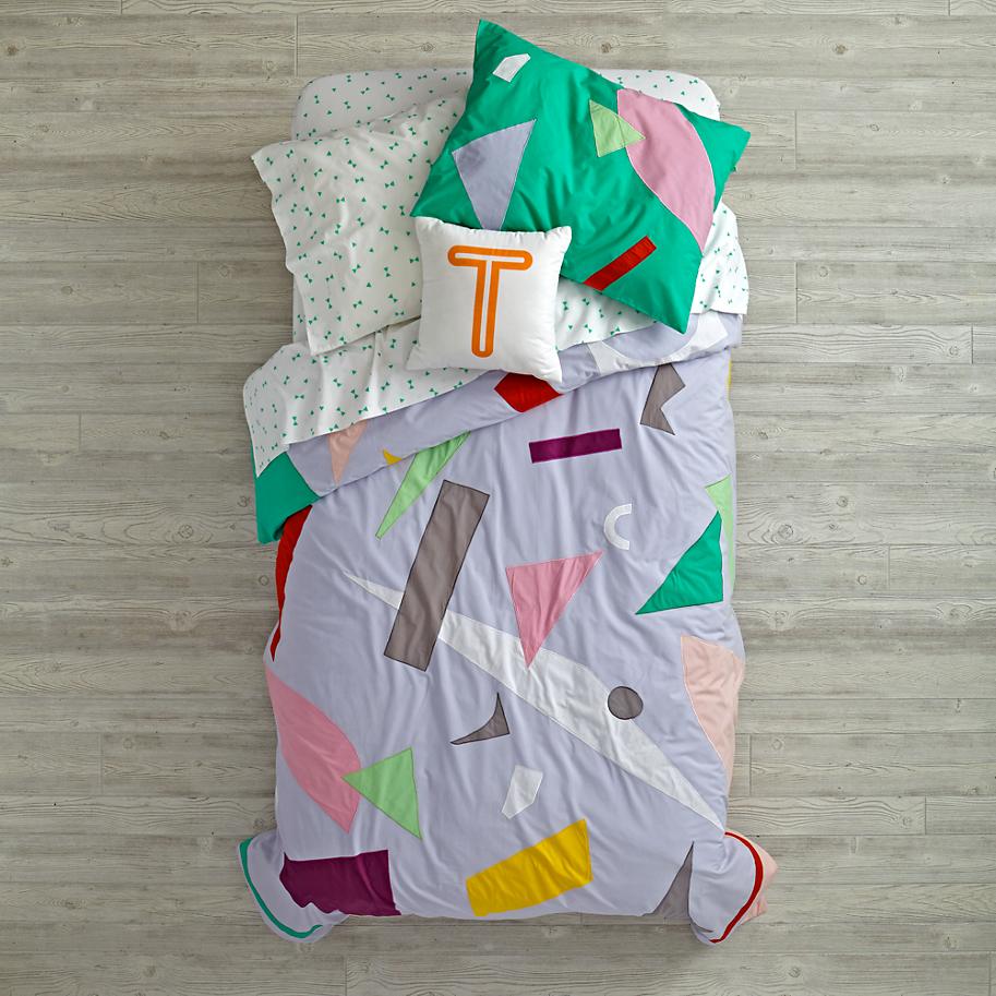 Art collage bedding from The Land of Nod