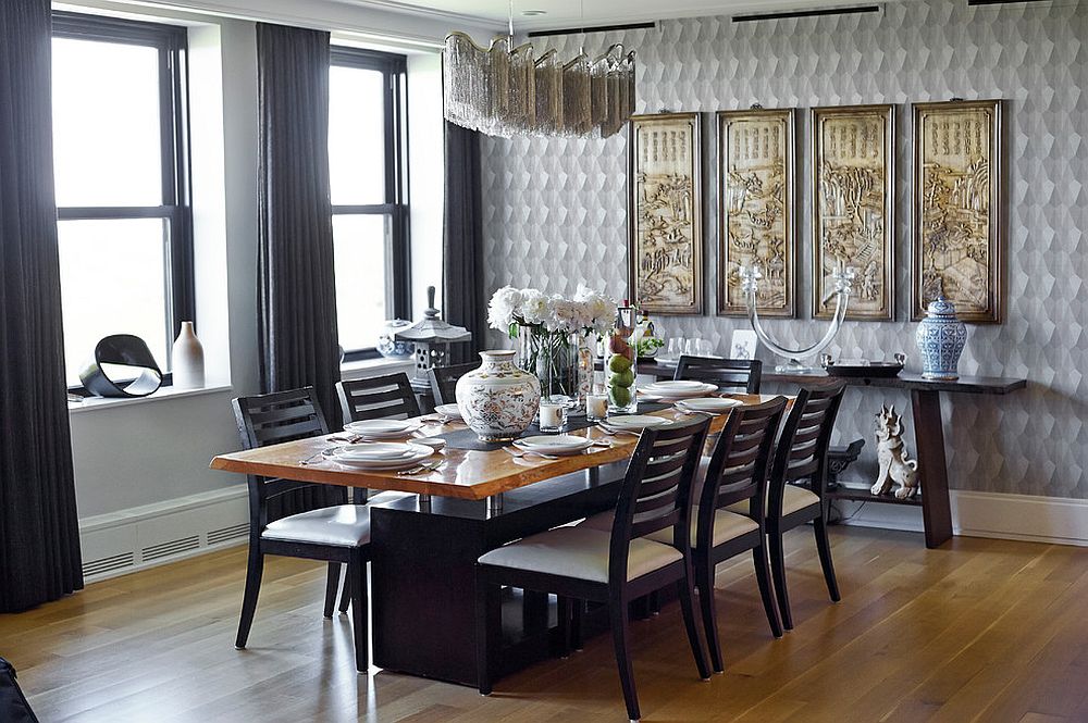 Asian themed scrolls and decorative pieces add to the style of the dining room