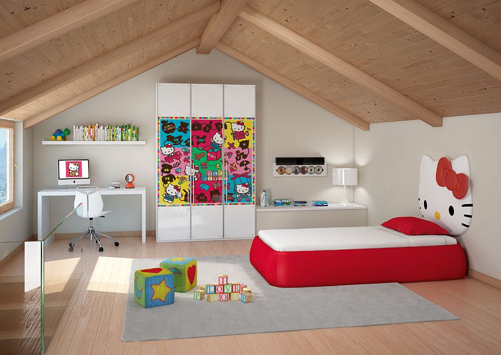 Attic kids' bedroom with custom Hello Kitty bed