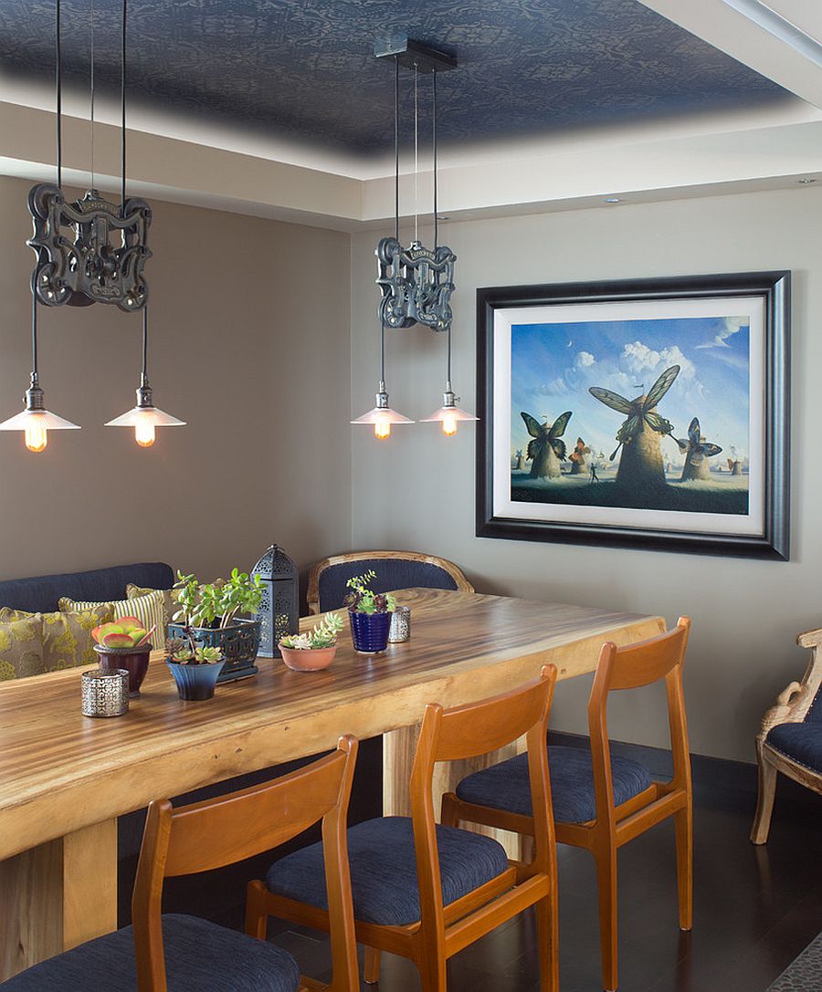 Beautiful blue Asian dining room with lovely pendant lighting