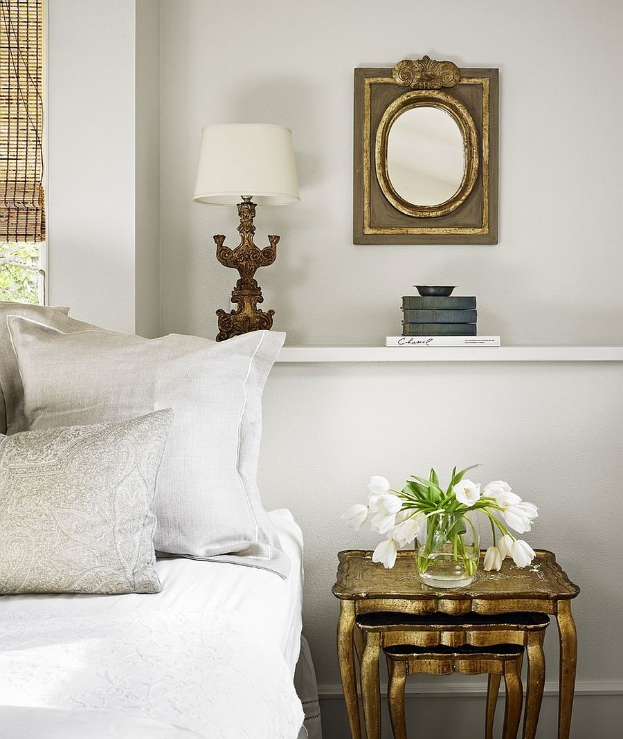 Bedside nesting tables in gold for the shabby chic bedroom in white [Design: Hugh Jefferson Randolph Architects]