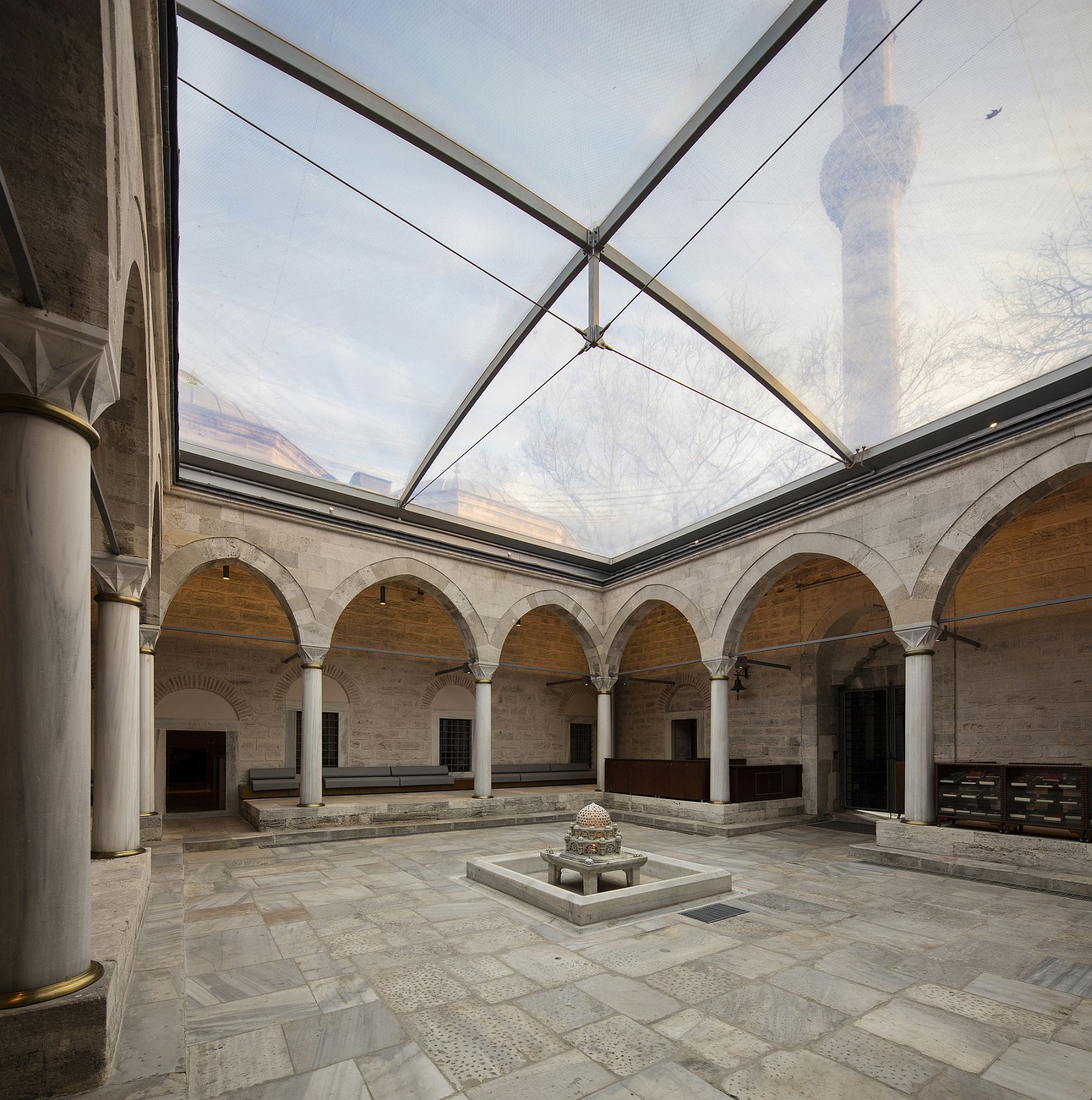 Ceentral courtyard of the librray with a new glass dome