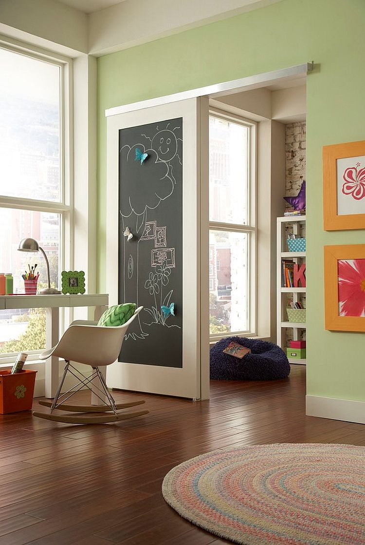 Chalkboard sliding barn-style door for the modern playroom [Design: Johnson Hardware]