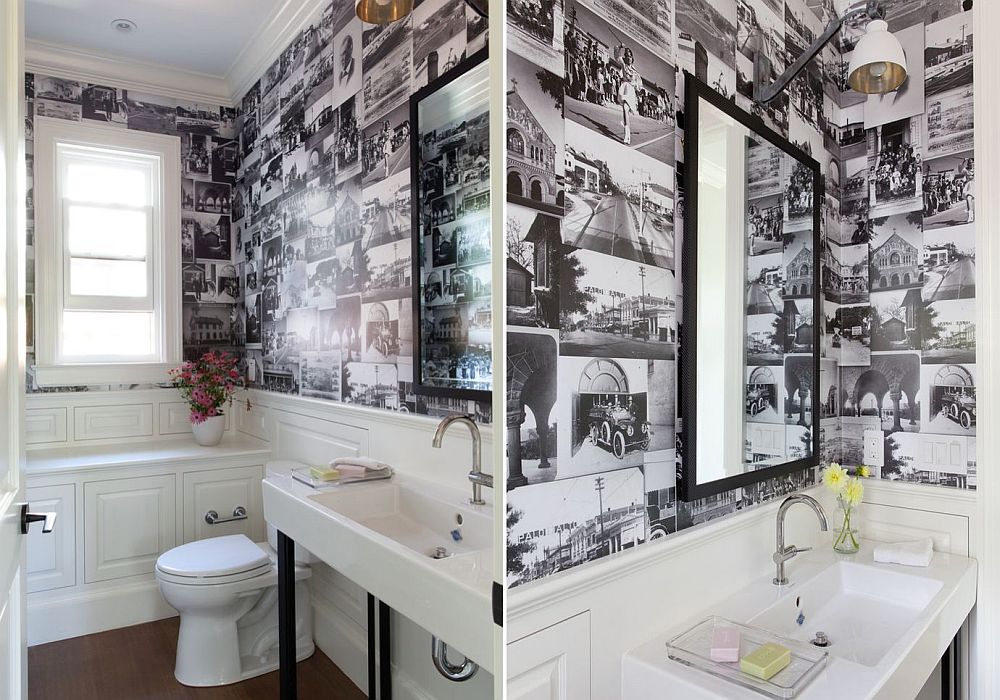 Collage of black and white photographs for the small powder room