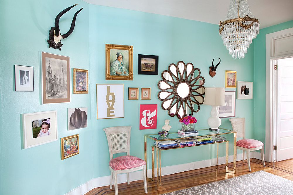 Colorful entry of Philadelphia penthouse with a beautiful gallery wall